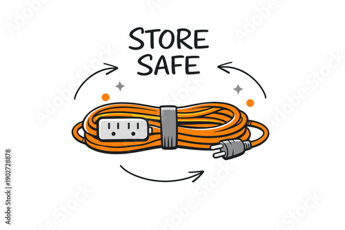 Illustration of securely stored orange extension cord with power strip