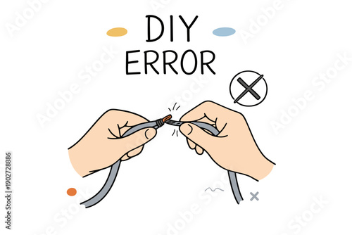 Diy wiring error: male hands improperly twisting electrical wires