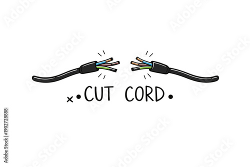 Broken cable illustration with exposed wires and cut text