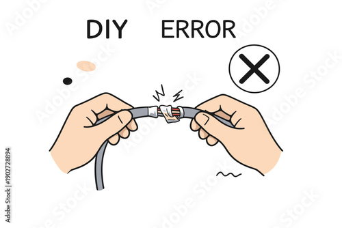 Diy electrical error with damaged cable held by hands