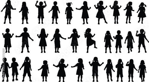 Large collection of diverse children silhouettes standing and playing in various poses isolated on white background for school and childhood concepts
