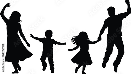 Happy Family Silhouette Jumping and Dancing Together in Joyful Celebration, Concept of Freedom, Success, Active Lifestyle, and Strong Parental Bonds
