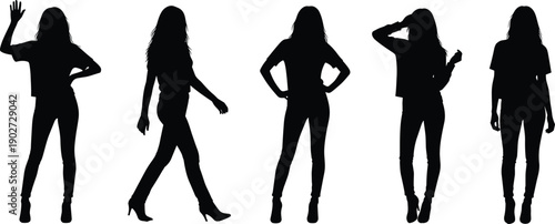 Row of eight men silhouettes wearing casual t-shirts and shorts walking forward in a line isolated on white background for design