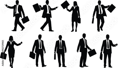 Set of business people silhouettes in suits holding briefcases and walking or pointing isolated on white background for corporate design