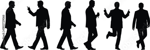 Set of business man silhouettes in suits walking talking and dancing in joy isolated on white background for corporate design