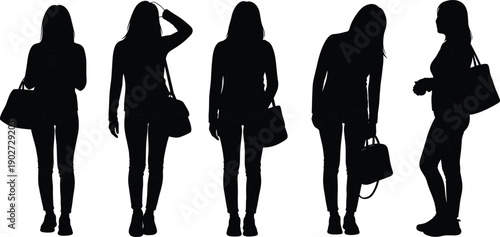 Silhouettes of fashionable women carrying handbags and shoulder bags in various standing poses isolated on white background for lifestyle and shopping
