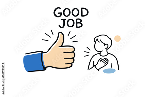 Thumbs up gesture encouragement cartoon with male figure and good job text