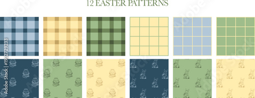 Easter patterns with pastel plaid and grid designs, bunny and egg illustrations, seamless spring backgrounds for wrapping paper, textiles, invitations, and stationery