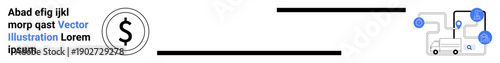 Digital finance, e-commerce, logistics, global trade, remote transactions, network operations. A dollar symbol linked to a delivery system and pathways. Digital finance and e-commerce