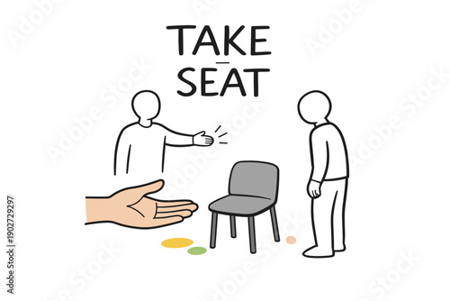 Invitation to sit with gesture and chair illustration