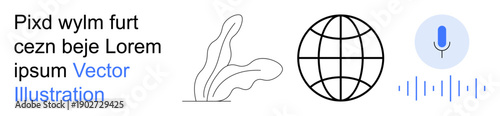 Digital communication, voice technology, global services, online learning, connectivity tools, AI interaction. Globe, plant microphone symbol with soundwave. Digital communication and voice
