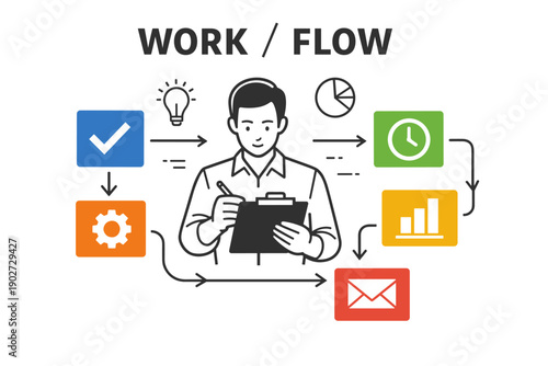 Business workflow illustration with caucasian male adult managing tasks and icons