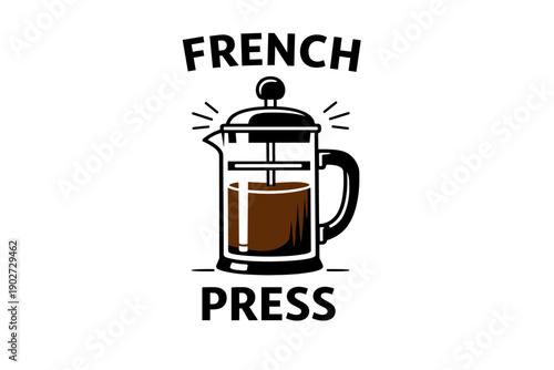 Illustration of french press coffee maker with bold typography