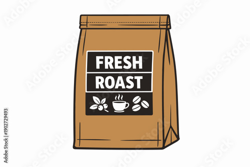 Fresh roast coffee bag design with beans and cup illustration