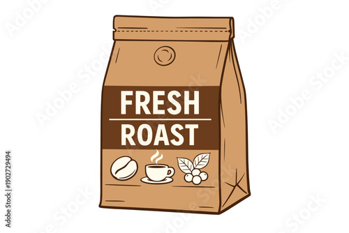 Fresh roast coffee packaging with beans and cup graphics on brown bag