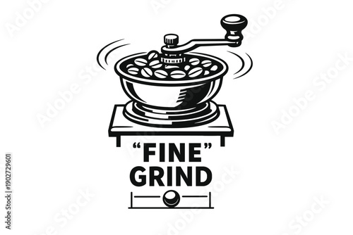 Manual coffee grinder logo with coffee beans and text fine grind