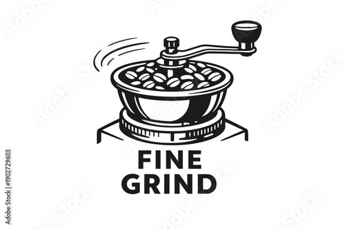 Vintage manual coffee grinder with coffee beans illustration