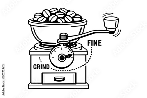 Manual coffee grinder with beans and adjustable grind settings illustration