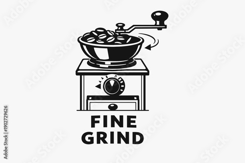 Vintage coffee grinder illustration with beans and crank handle