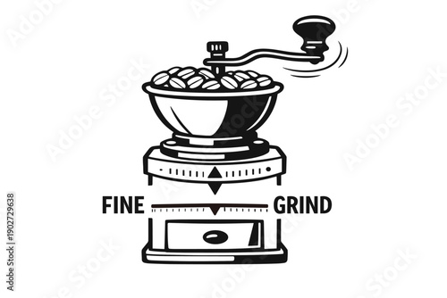 Vintage manual coffee grinder with coffee beans illustration for fine grind