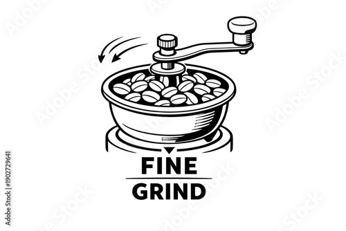 Manual coffee grinder illustration with coffee beans and hand crank