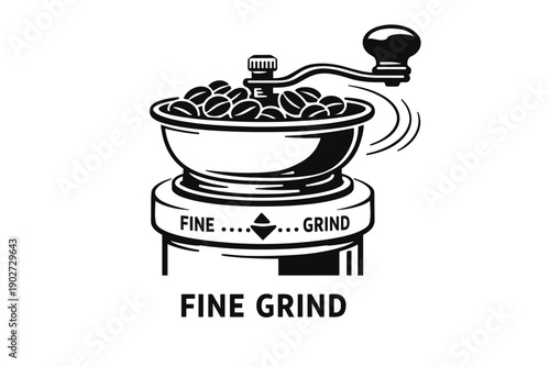 Vintage coffee grinder with coffee beans and text fine grind illustration