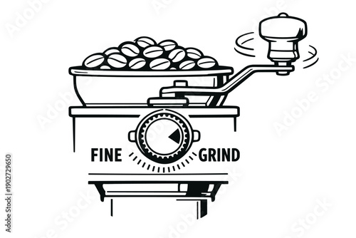 Handheld coffee grinder illustration with beans and crank handle