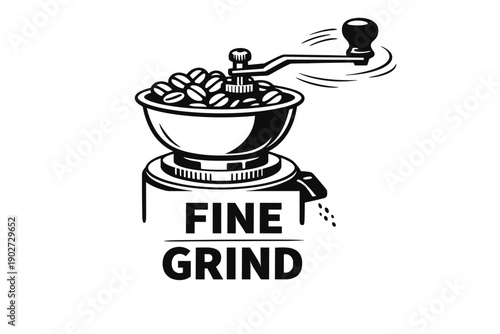 Vintage coffee grinder illustration with beans and hand crank