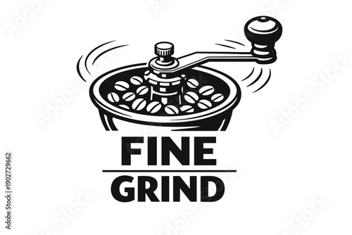 Vintage manual coffee grinder illustration with coffee beans in motion