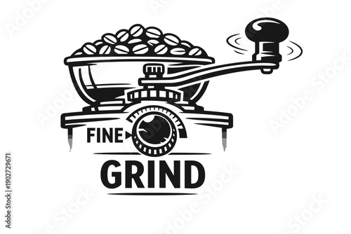 Vintage coffee grinder with beans and hand crank illustration