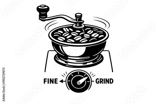 Vintage coffee grinder illustration with adjusting dial for fine grind