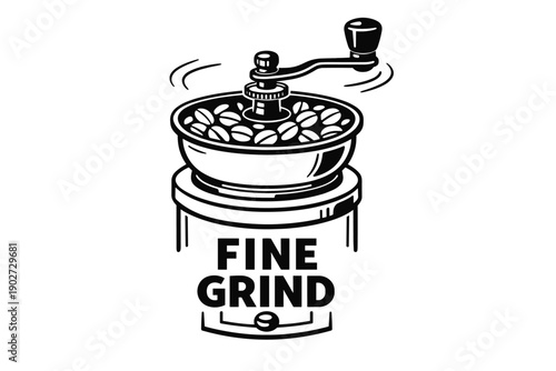 Vintage manual coffee grinder with coffee beans and fine grind text
