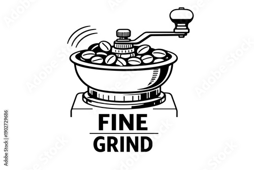 Vintage coffee grinder with beans and hand crank illustration
