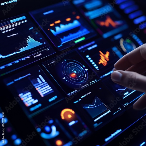 Digital Dashboard Display Hand interacting with glowing charts and graphs, representing data analysis and futuristic UI. Data, UI