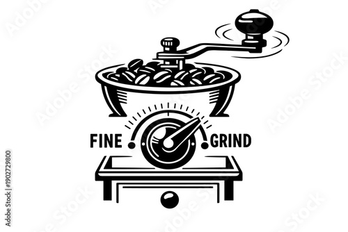 Vintage manual coffee grinder with beans and fine grind dial illustration