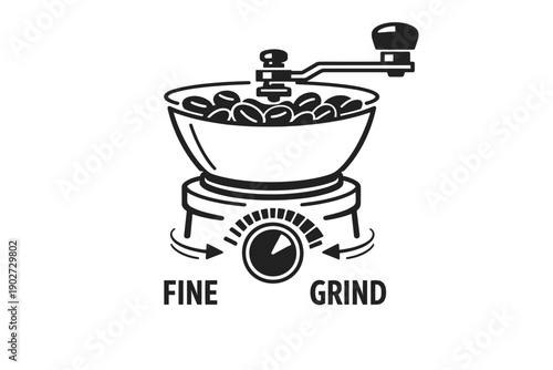 Retro hand coffee grinder with coffee beans and adjustable grind settings illustration