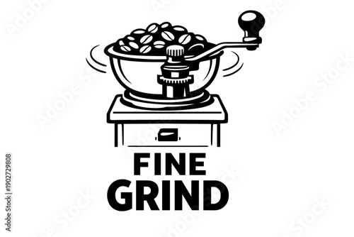 Illustration of manual coffee grinder with coffee beans and fine grind text