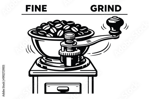 Vintage manual coffee grinder with beans and fine grind text