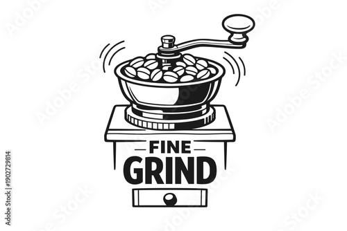 Retro coffee grinder with beans illustration and fine grind text