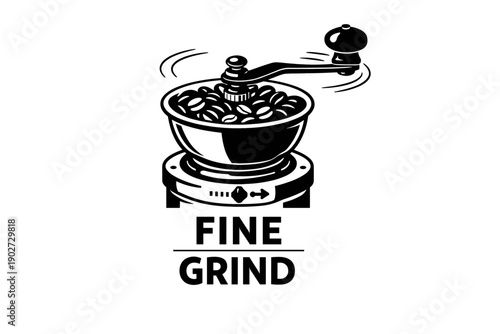 Vintage coffee grinder illustration with coffee beans and text design