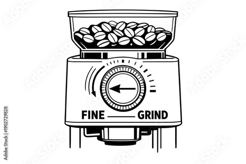 Manual coffee grinder illustration with coffee beans and grind selector