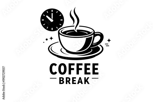 Coffee break icon with cup and clock illustration on white background