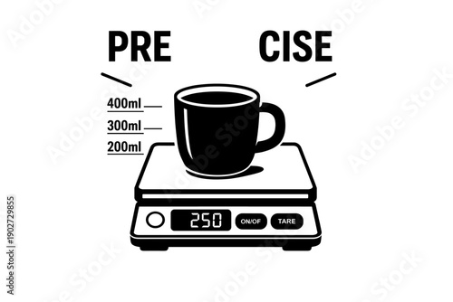 Precise coffee measurement: mug on digital scale with volume markings
