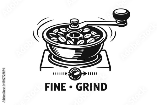 Manual coffee grinder icon with coffee beans and motion lines