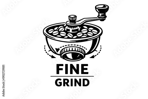 Vintage coffee grinder with fresh beans and fine grind text