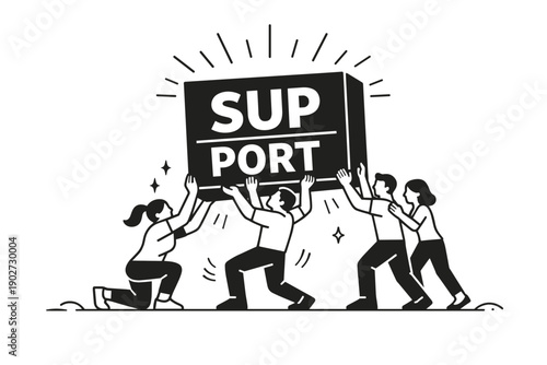 Diverse group teamwork effort to support heavy load together