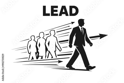 Silhouette of business leader guiding team with arrow graphics