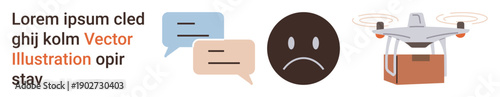 Communication, emotions, delivery services, technology, logistics, social media. Speech bubbles, sad face quadcopter with package. Communication and emotions through visual elements