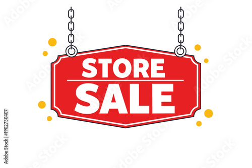 Bold red store sale sign with chains and yellow accents on white background