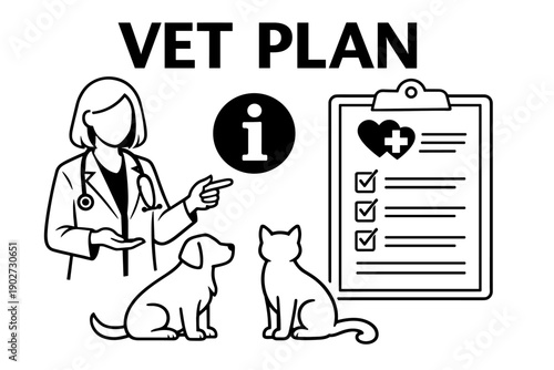 Veterinary plan illustration with veterinarian, cat, and dog icon